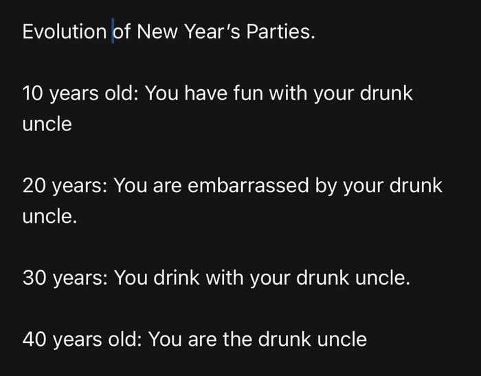 Evolution of New Years Parties 10 years old You have fun with your drunk uncle PLORYLEE TR VI RT o o ETA EXTe M o VAYeIU e V3S uncle 30 years You drink with your drunk uncle 40 years old You are the drunk uncle