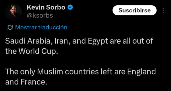 Saudi Arabia, Iran, and Egypt are all out of the World Cup. The only Muslim countries left are England and France.