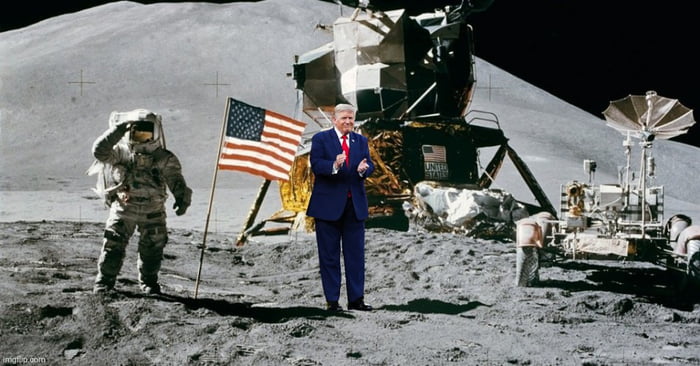 An astronaut salutes next to an American flag on the moon, with a lunar module and other equipment in the background. Donald Trump is photoshopped into the scene, standing and clapping.