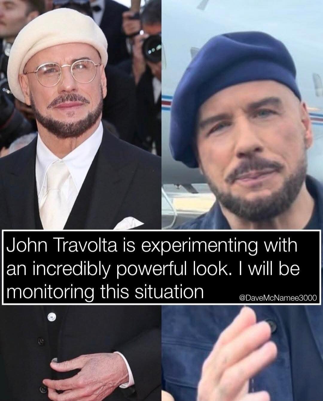 John Travolta is experimenting with an incredibly powerful look. I will be monitoring this situation @DaveMcNamee3000