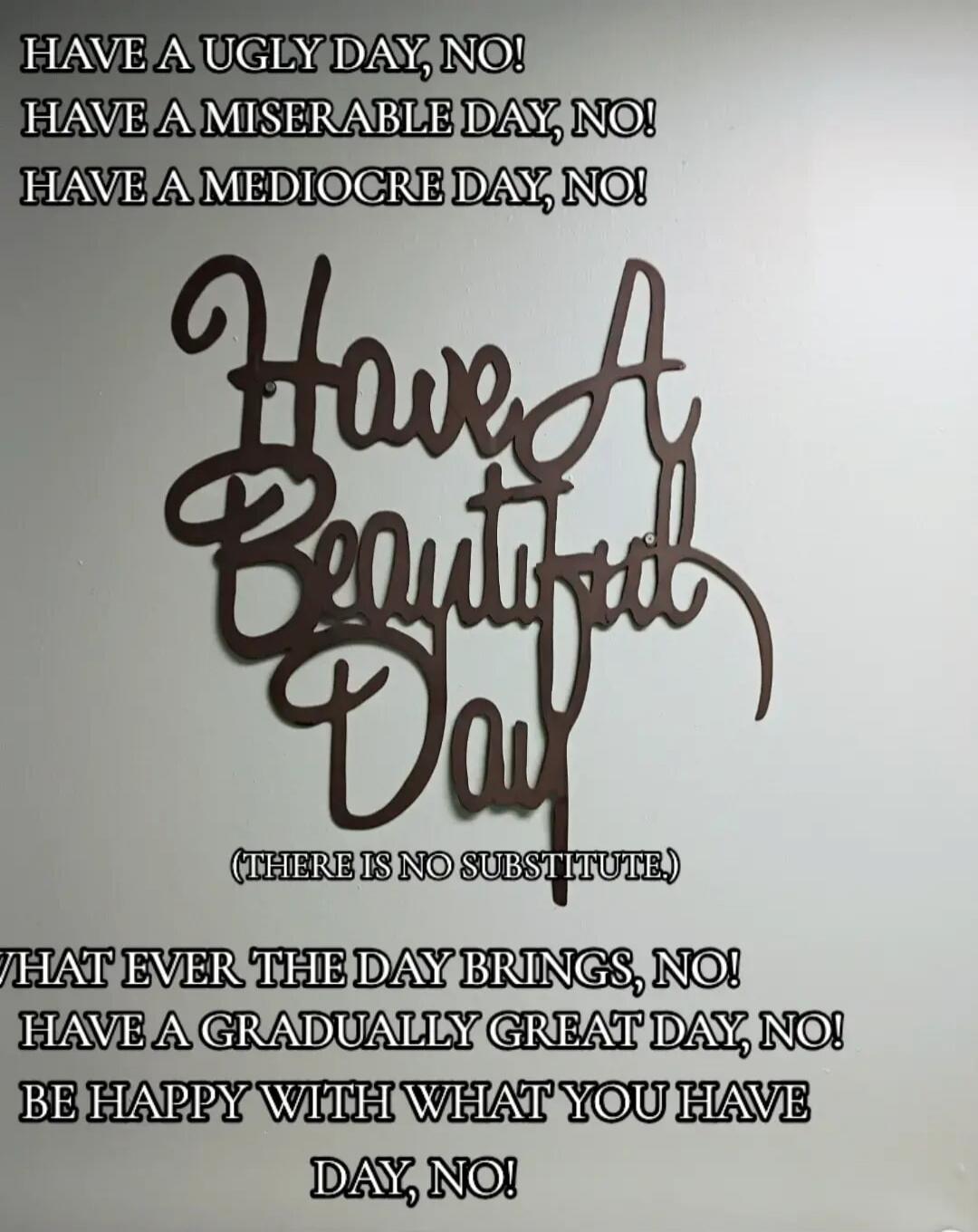 HAVE A UGLY DAY, NO! HAVE A MISERABLE DAY, NO! HAVE A MEDIOCRE DAY, NO! Have A Beautiful Day (THERE IS NO SUBSTITUTE.) WHATEVER THE DAY BRINGS, NO! HAVE A GRADUALLY GREAT DAY, NO! BE HAPPY WITH WHAT YOU HAVE DAY, NO!