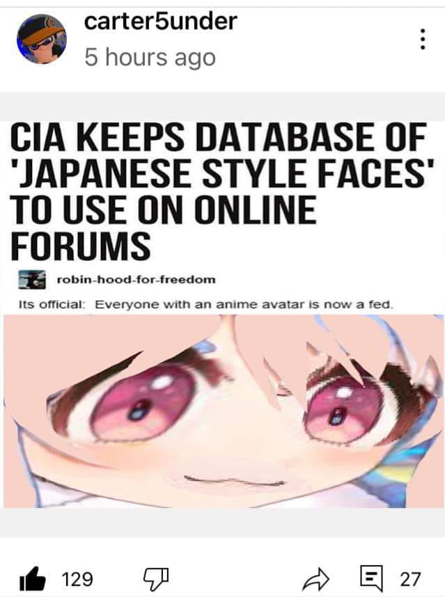 carter5under 5 hours ago CIA KEEPS DATABASE OF JAPANESE STYLE FACES TO USE ON ONLINE FDRUMS e 129 GJ A E 2