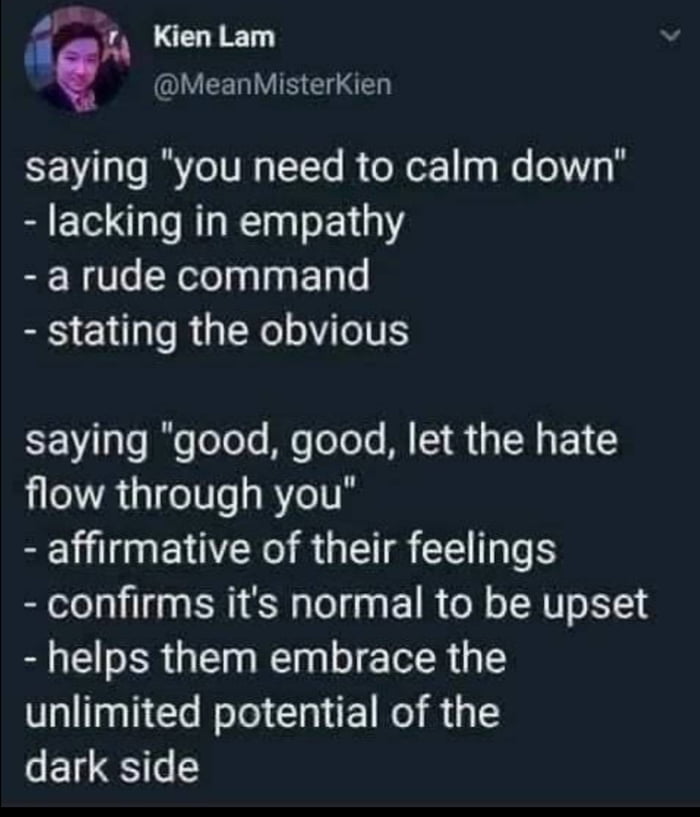 MeanMisterKien saying you need to calm down S EE AR E Y a rude command stating the obvious saying good good let the hate flow through you B UL E IR R GETREE S confirms its normal to be upset RGP ER G Rl T TR unlimited potential of the dark side