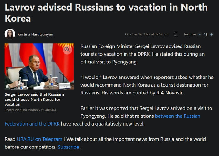 EVAVEL EEL RUEEL R SRS EL RG Korea BN iy we Rusian Foreign Miniser Sergei Lavrov achsed Russian tourss o vacaton i the DPRK He stated this curing an officil vt to Pyongyang I WouldLavrow answered when reporters asked whether he would recommend North Korea as touist destinaton for Sorgetavrow s ot rsaes RuSsians His words are quoted by RIA Novost caukdchocssNorth Korea for b e Earler it was reporte