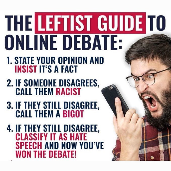 THEIRIRHINIET0 ONLINE DEBATE 1 STATE YOUR OPINION AND INSIST ITS A FACT 2 IF SOMEONE DISAGREES CALL THEM RACIST o 3 IF THEY STILL DISAGREE CALL THEM A BIGOT e
