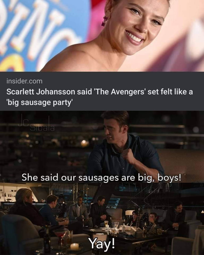 insidercom Scarlett Johansson said The Avengers set felt like a big sausage party A She said our sausages are big boys