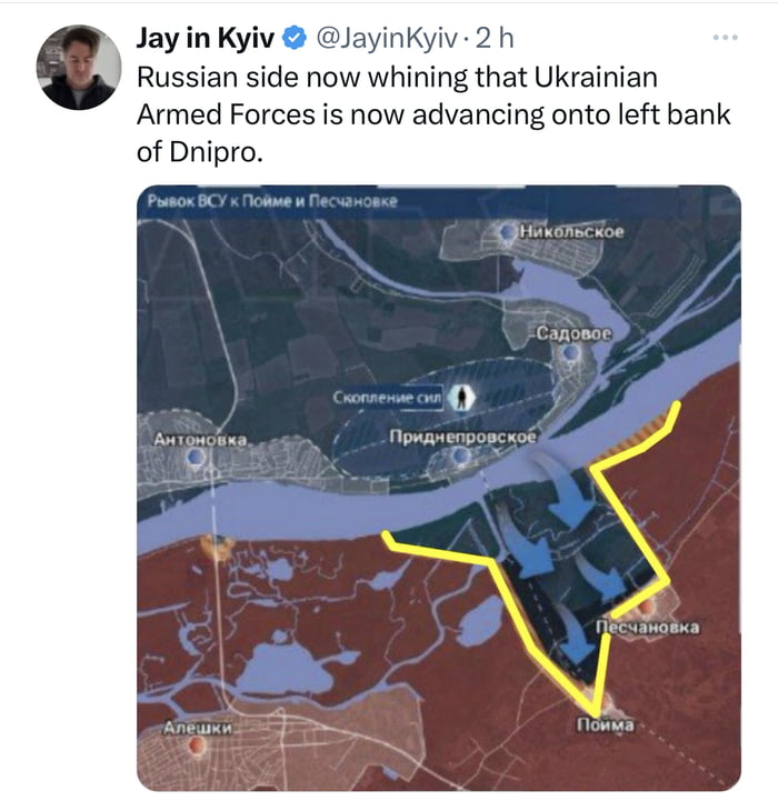 JayinKyiv Jayinkyiv 2 h 1 Russian side now whining that Ukrainian Armed Forces is now advancing onto left bank of Dnipro