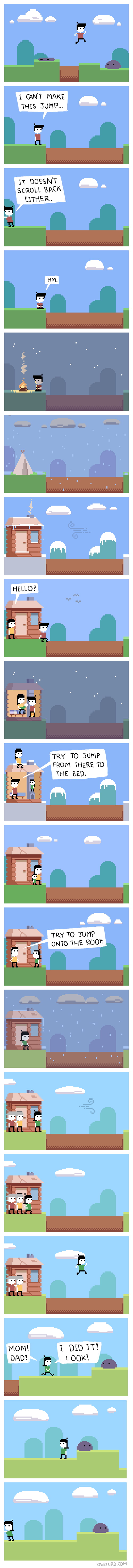 1 ANT MAKE THIS JUMP 1 17 DOESNT SCROLL BACK EITHER TRY TO Iump FROM THERE TO THE BED TRY TO JUMP ONTO THE ROOF Mom 1 DD 1T DAD jm LOOK OWLTURDCOM