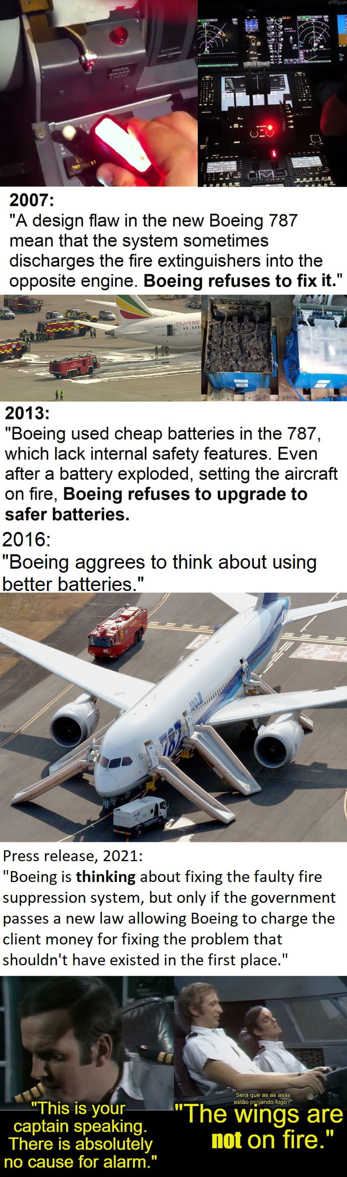 2007 A design flaw in the new Boeing 787 mean that the system sometimes discharges the fire extinguishers into the opposite engine Boeing refuses to fix it Boeing used cheap batteries in the 787 which lack internal safety features Even after a battery exploded setting the aircraft on fire Boeing refuses to upgrade to safer batteries 2016 Boeing aggrees to think about using better batteries Press r