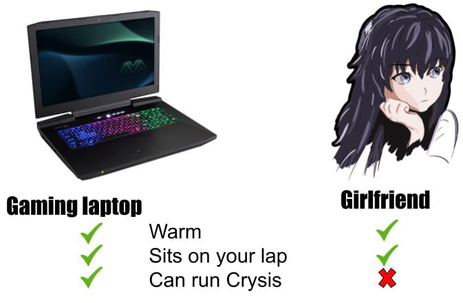 Gaming laptop Girlfriend Warm Sits on your lap Can run Crysis