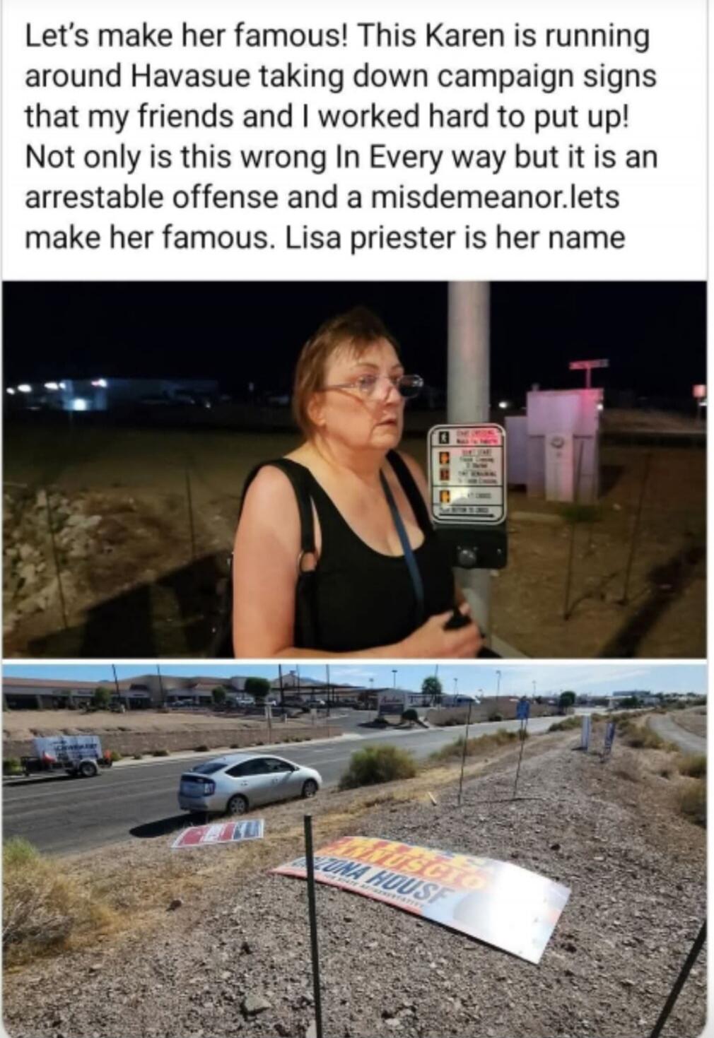 Let's make her famous! This Karen is running around Havasue taking down campaign signs that my friends and I worked hard to put up! Not only is this wrong In Every way but it is an arrestable offense and a misdemeanor. lets make her famous. Lisa priester is her name. Campaign signs for 'TINUSGTO ZONA HOUSE' are shown on the ground.