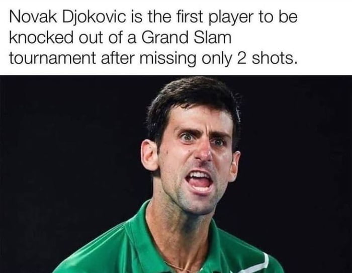 Novak Djokovic is the first player to be knocked out of a Grand Slam tournament after missing only 2 shots