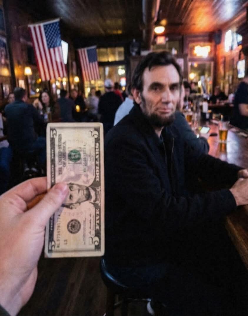A hand holding a five-dollar bill with Abraham Lincoln's portrait, in front of a man strongly resembling Abraham Lincoln sitting at a bar. American flags are visible in the background, and other patrons are present.