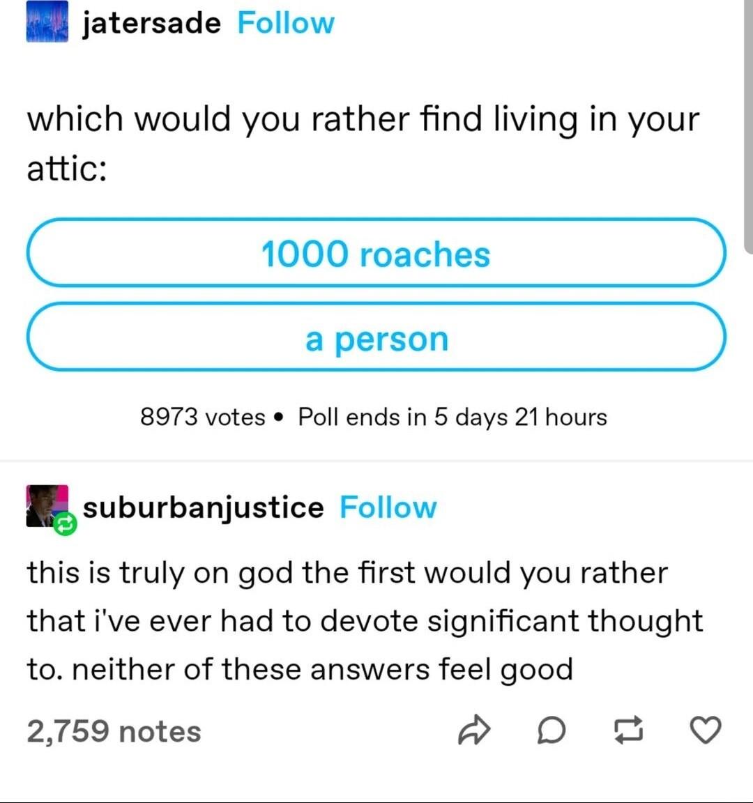 jatersade Follow which would you rather find living in your attic 1000 roaches a person 8973 votes Poll ends in 5 days 21 hours suburbanjustice Follow this is truly on god the first would you rather that ive ever had to devote significant thought to neither of these answers feel good 2759 notes P DO T Q
