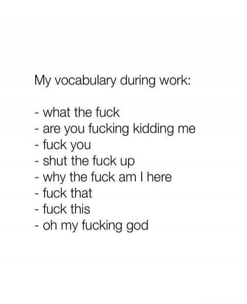 My vocabulary during work: - what the fuck - are you fucking kidding me - fuck you - shut the fuck up - why the fuck am I here - fuck that - fuck this - oh my fucking god