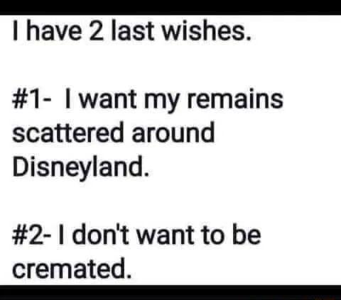 ISRRR have 2 last wishes 1 want my remains scattered around Disneyland 2 dont want to be cremated