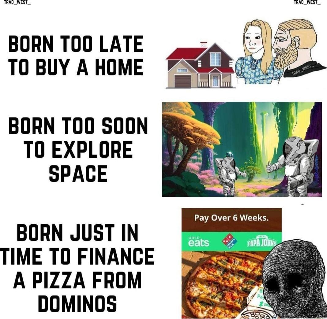 BORN TOO LATE Ee L TO BUY A HOME BORN TOO SOON TO EXPLORE SPACE BORN JUST IN TIME TO FINANCE A PIZZA FROM DOMINOS