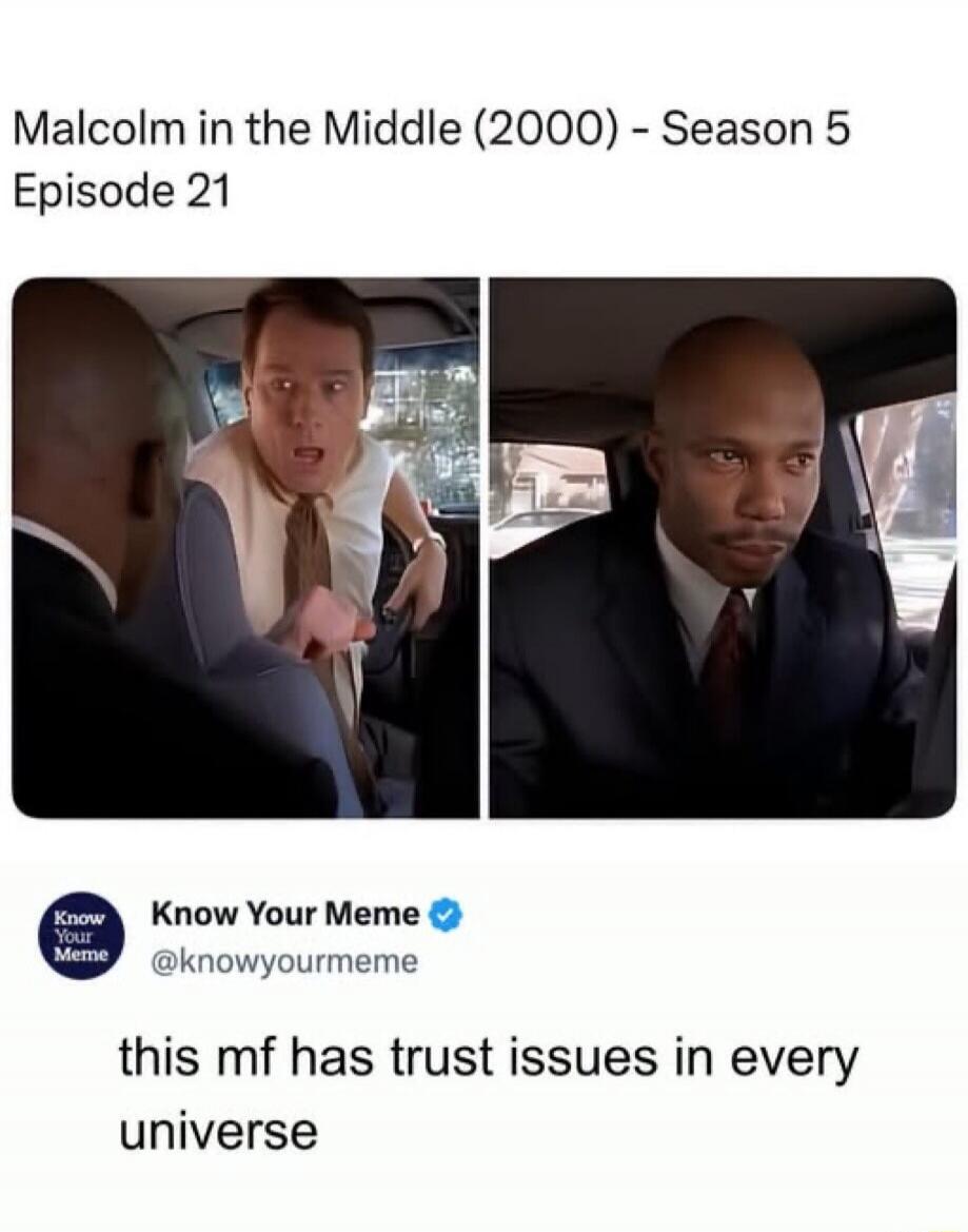 Malcolm in the Middle (2000) - Season 5 Episode 21. Know Your Meme. This mf has trust issues in every universe. The meme shows two panels from the TV show 'Malcolm in the Middle', depicting a character with a suspicious or untrusting expression.