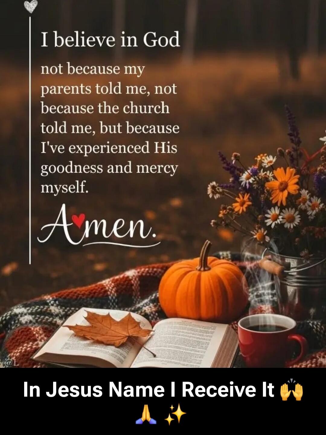 I believe in God not because my parents told me, not because the church told me, but because I've experienced His goodness and mercy myself. Amen. In Jesus Name I Receive It 🙌🙏✨