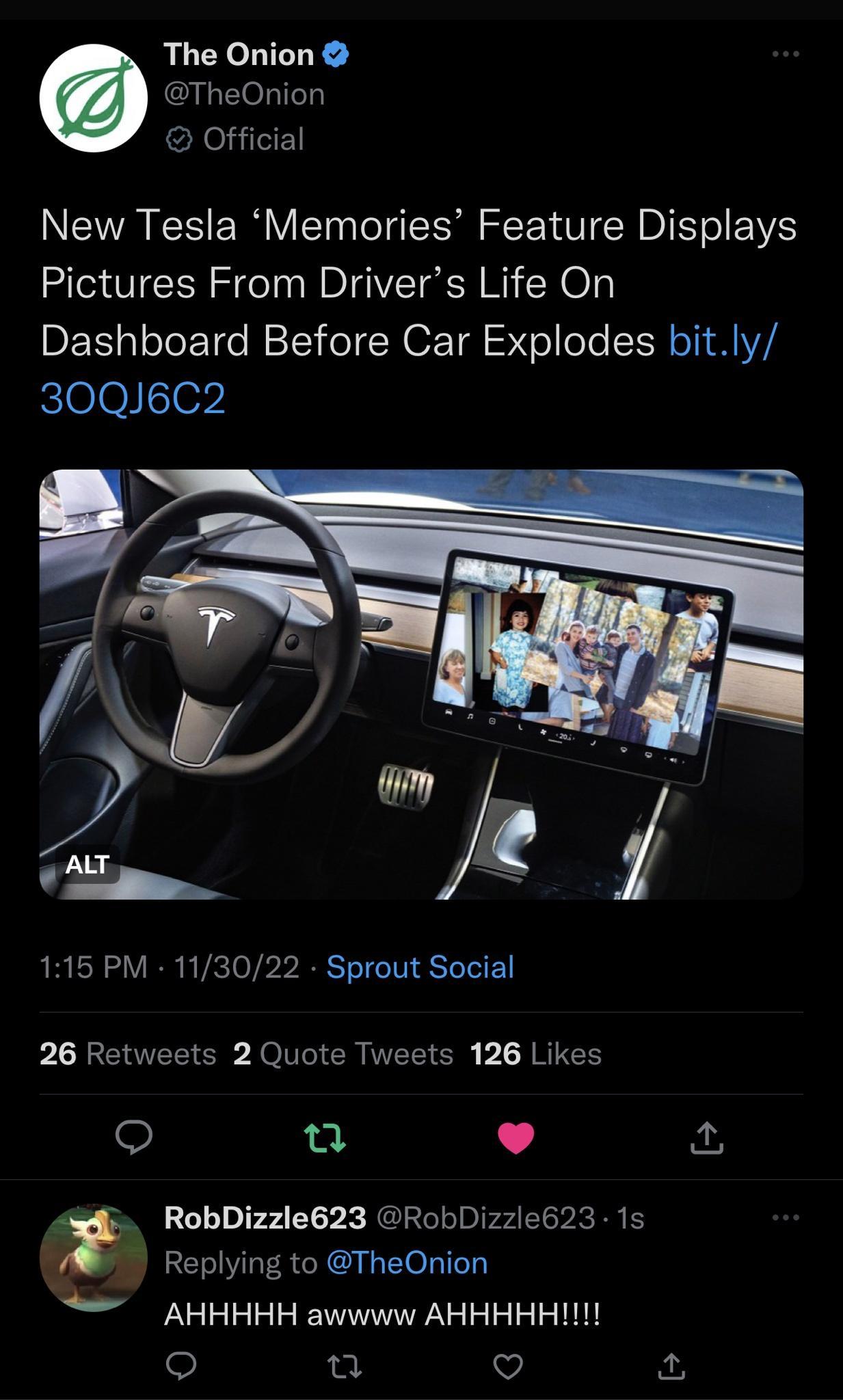 The Onion TheOnion Official NEA S R T T SR DI SIS Pictures From Drivers Life On Dashboard Before Car Explodes bitly 30QJ6C2 115 PM 113022 Sprout Social PLRCEEIC JO IR ERTC P I REES 0 L J w Replying to TheOnion AHHHHH awwww AHHHHHII u v L w RobDizzle623 RobDizzle623 1s s