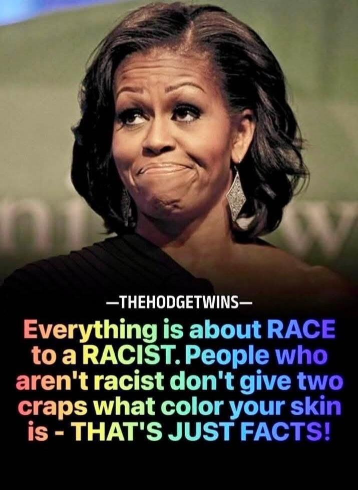—THEHODGETWINS— Everything is about RACE to a RACIST. People who aren't racist don't give two craps what color your skin is - THAT'S JUST FACTS!