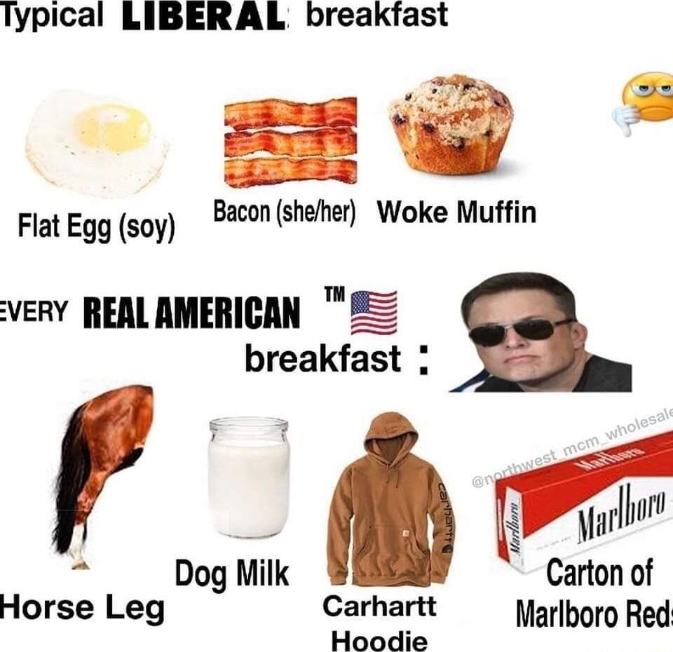 lypical LIBERAL breakfast B Flat Egg soy Bacon sheher Woke Muffin veRY REALAMERICAN breakfast Kl o Dog Milk Carton of Horse Leg Carhartt Marlboro Red Hoodie