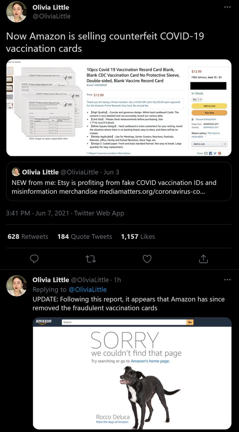 Olivia Little Now Amazon is selling counterfeit COVID 19 vaccination cards 10pcs Covid 19 Vaccination Record Card Blank Blank CDC Vaccination Card No Protective Sleeve Double sided Blank Vaccine Record Card olivia Little N B E S SAN i e Rige R ROV DAV Telo Ty EY il N IDEE Ty e ISl EYilel Wy S e s ETaTe Ry Te E T EYA e el o P elo ol ETVELT L 628 184 Q1 1157 Olivia Little R OliviaLittle 81207N 0 e V