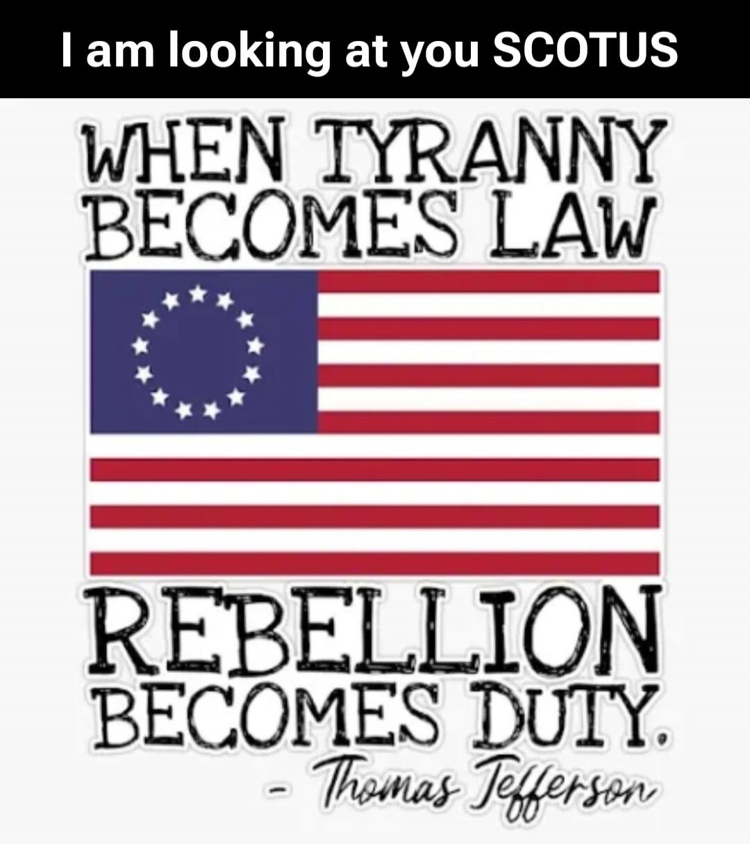 I am looking at you SCOTUS WHEN TYRANNY BECOMES LAW REBELLION BECOMES DUTY. - Thomas Jefferson