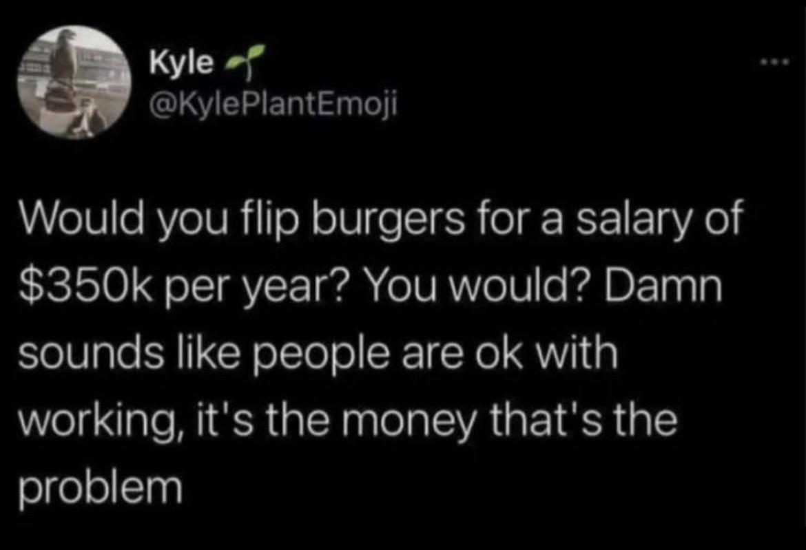 Kyle CL I ENT Would you flip burgers for a salary of 350k per year You would Damn Elellgle Y CYoTeTolo SRTFo QWY1 working its the money thats the problem