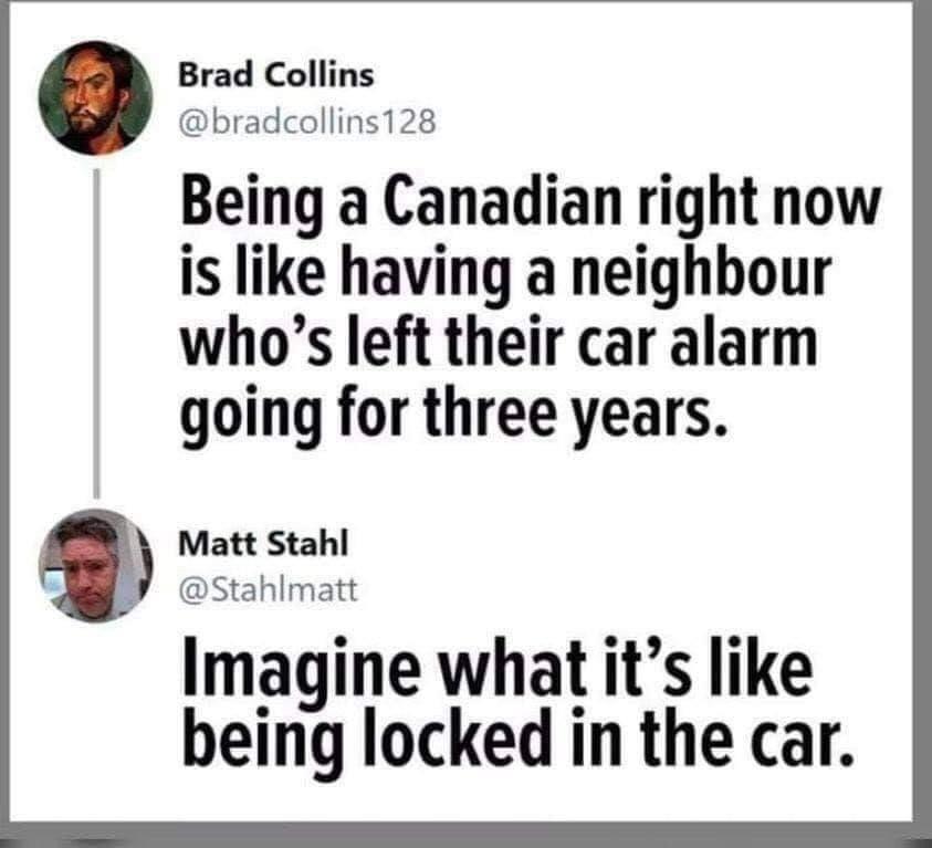 Brad Collins bradcollins128 Being a Canadian right now is like having a neighbour whos left their car alarm going for three years Imagine what its like being locked in the car