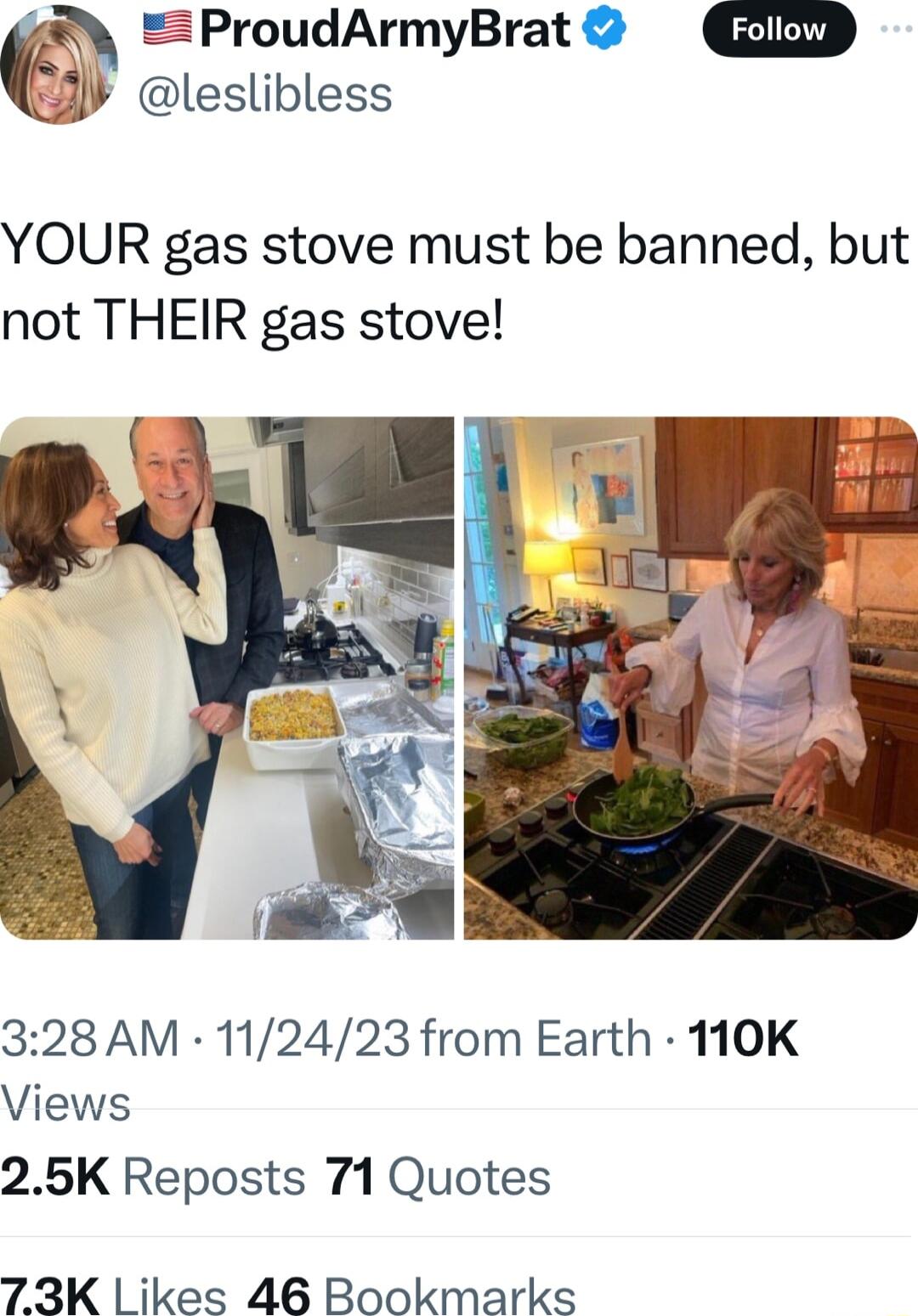 N ProudArmyBrat leslibless YOUR gas stove must be banned but not THEIR gas stove 328 AM 112423 from Earth 110K Views 25K Reposts 71 Quotes 73K ikes 46 Bookmarks