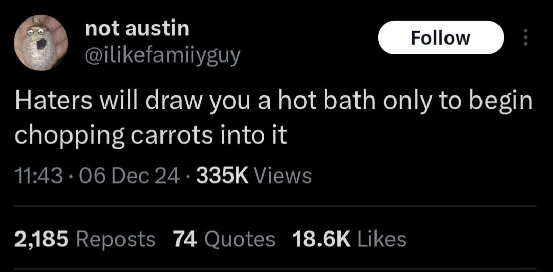 not austin ilikefamilyguy Haters will draw you a hot bath only to begin chopping carrots into it LR 2RI 2R 1 QUETE p AL REE Ol NI CL X T QRIEN