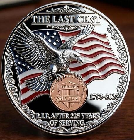 THE LAST CENT
UNITED STATES OF AMERICA
E PLURIBUS UNUM
ONE CENT
1793-2025
R.I.P. AFTER 225 YEARS OF SERVING