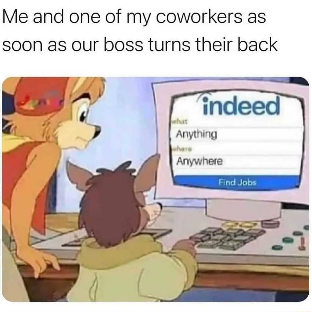 Me and one of my coworkers as soon as our boss turns their back R indeed J Anything