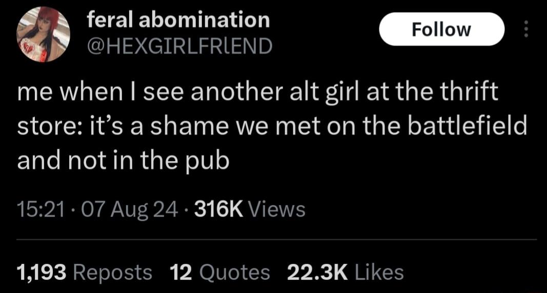 feral abomination TR HEXGIRLFRIEND me when see another alt girl at the thrift store its a shame we met on the battlefield and not in the pub LSVA R N 2 1 QYRGS 1193 Reposts 12 Quotes 223K Likes