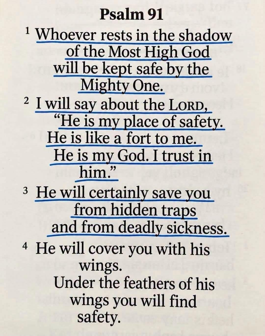 Psalm 91
1 Whoever rests in the shadow of the Most High God will be kept safe by the Mighty One.
2 I will say about the LORD, 