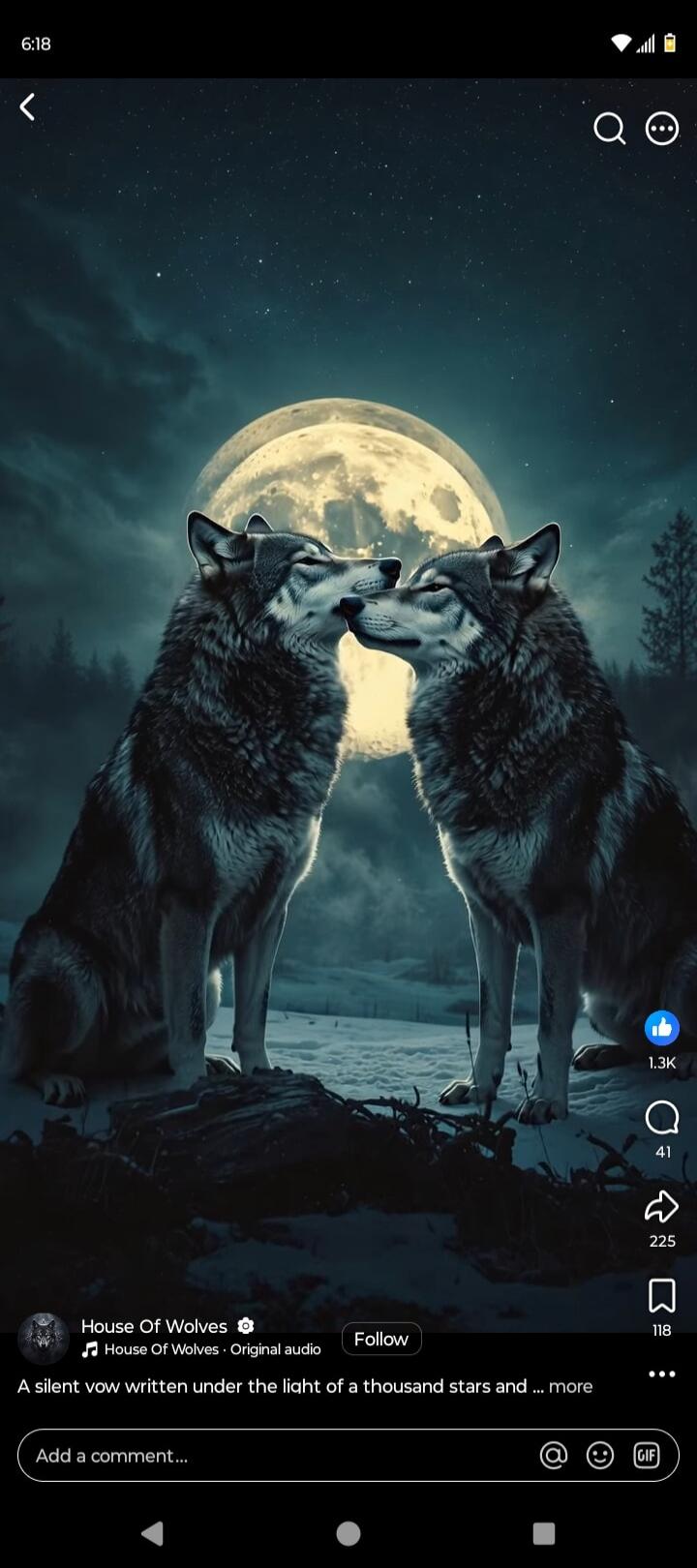 A silent vow written under the light of a thousand stars. Two wolves are touching noses under a full moon in a snowy landscape at night.