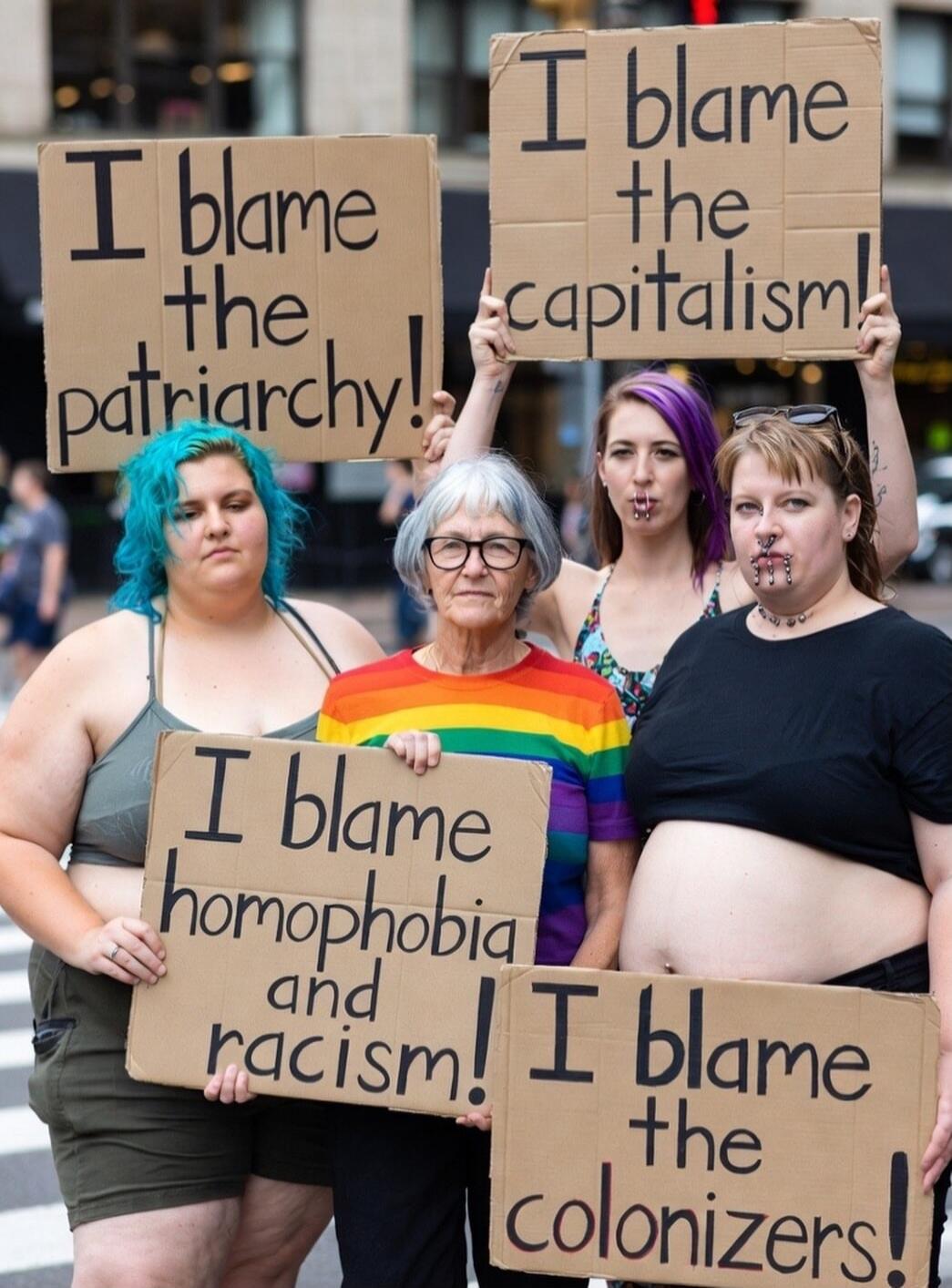 I blame the patriarchy! I blame the capitalism! I blame homophobia and racism! I blame the colonizers!