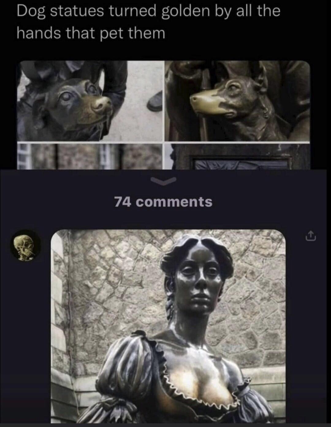 Dog statues turned golden by all the hands that pet them