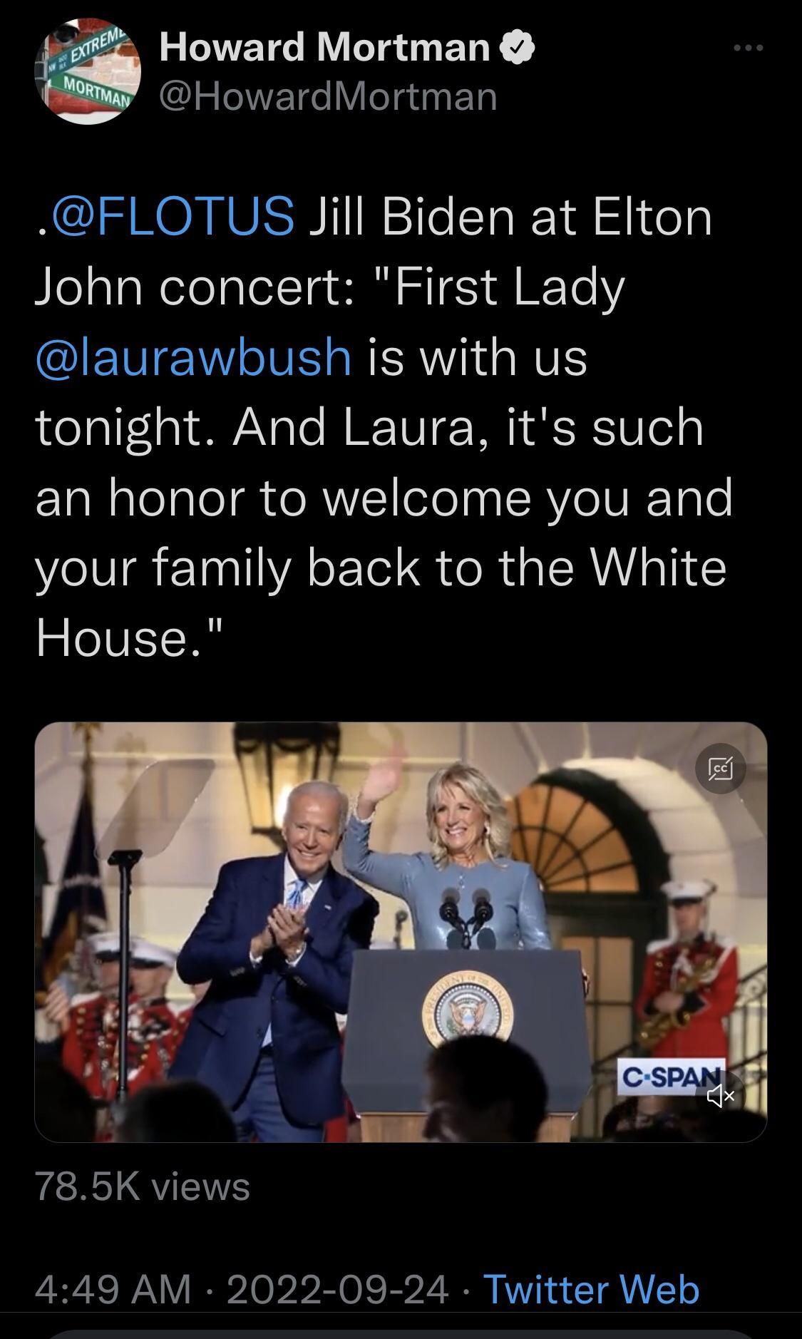ENVETG RV I ENY HowardMortman FLOTUS Jill Biden at Elton fleaTaelolglolTo bl wilE J R Te Y IENTEVY IV sRER I NVE tonight And Laura its such an honor to welcome you and your family back to the White House FECR QU 449 AM 2022 09 24 Twitter Web