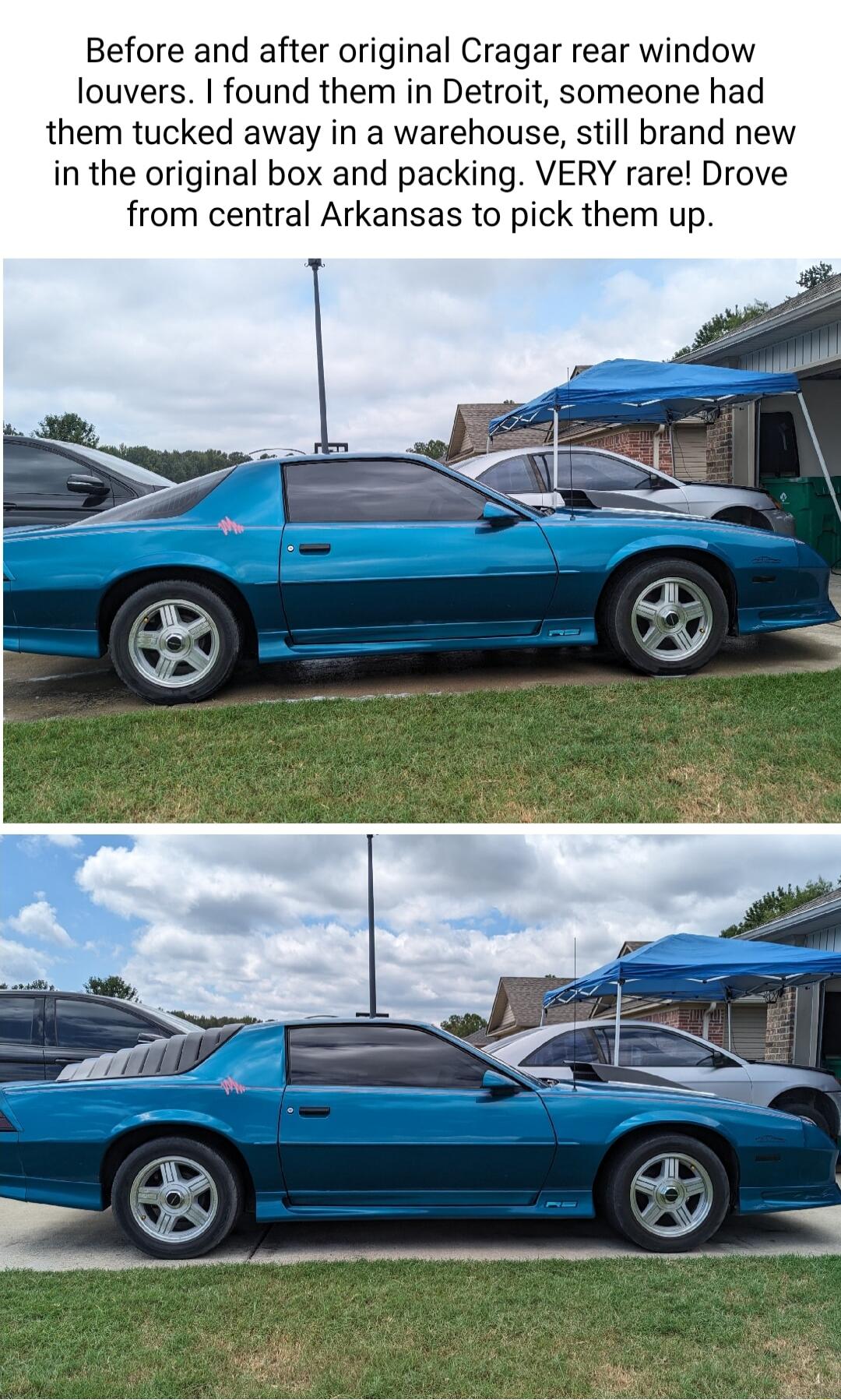 Before and after original Cragar rear window louvers found them in Detroit someone had them tucked away in a warehouse still brand new in the original box and packing VERY rare Drove from central Arkansas to pick them up