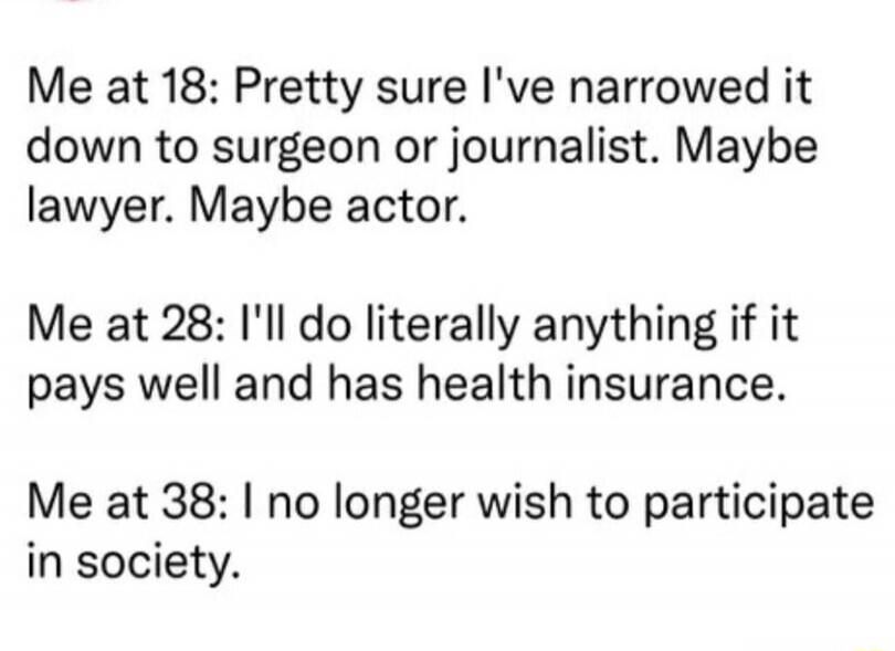 Me at 18: Pretty sure I've narrowed it down to surgeon or journalist. Maybe lawyer. Maybe actor.
Me at 28: I'll do literally anything if it pays well and has health insurance.
Me at 38: I no longer wish to participate in society.