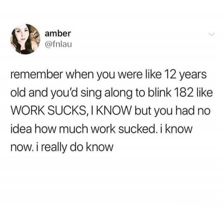 amber @fnlau remember when you were like 12 years old and you'd sing along to blink 182 like WORK SUCKS, I KNOW but you had no idea how much work sucked. i know now. i really do know
