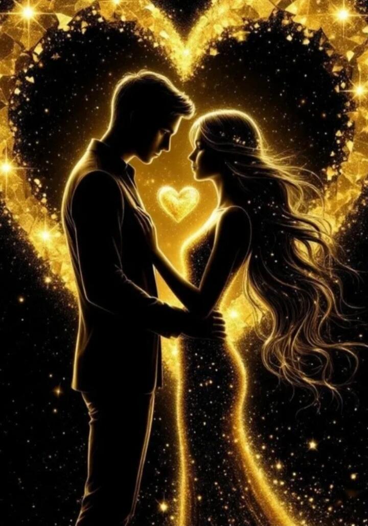 Silhouetted couple in a glowing golden heart scene.