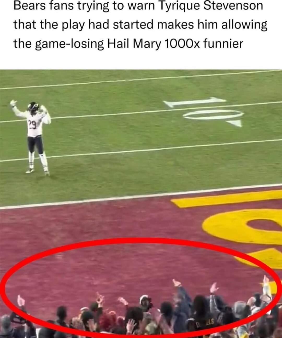 Bears fans trying to warn Tyrique Stevenson that the play had started makes him allowing the game losing Hail Mary 1000x funnier