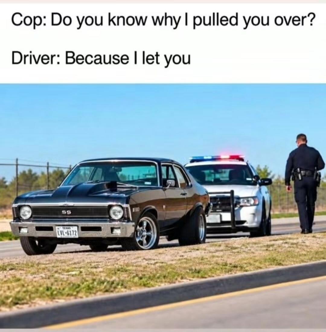 Cop: Do you know why I pulled you over? Driver: Because I let you