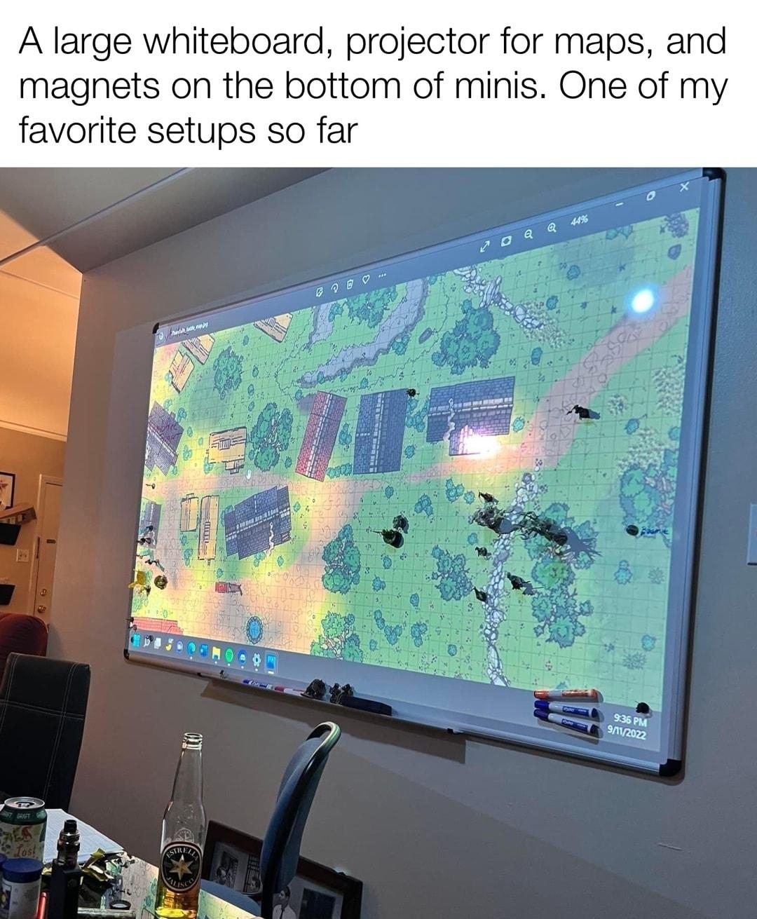 A large whiteboard projector for maps and magnets on the bottom of minis One of my favorite setups so far
