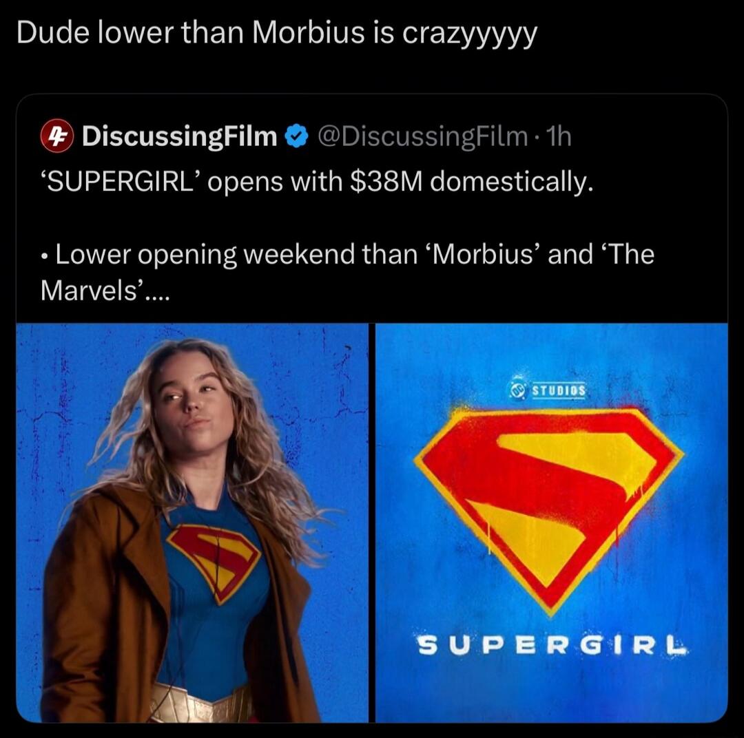 Dude, lower than Morbius is crazy. DiscussingFilm reports that 'SUPERGIRL' opens with $38M domestically, which is a lower opening weekend than 'Morbius' and 'The Marvels'.
