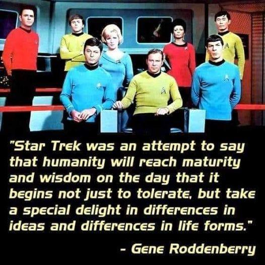 Star Trek was an attempt to say that humanity will reach maturity and wisdom on the day that it begins not just to tolerate but take a special delight in differences in ideas and differences in life forms Gene Roddenberry