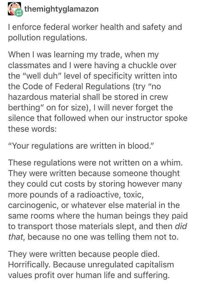 themightyglamazon enforce federal worker health and safety and pollution regulations When was learning my trade when my classmates and were having a chuckle over the well duh level of specificity written into the Code of Federal Regulations try no hazardous material shall be stored in crew berthing on for size will never forget the silence that followed when our instructor spoke these words Your r